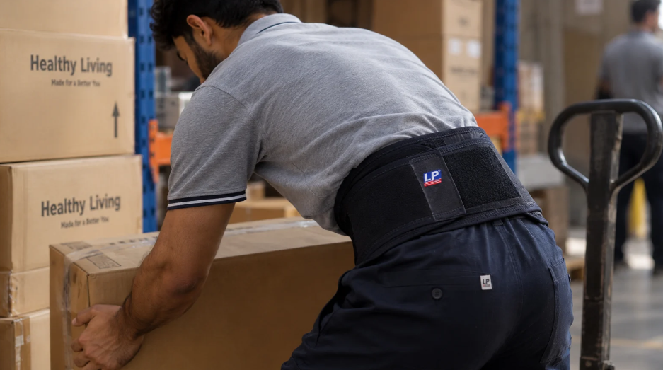 Warehouse worker wearing an LP Support industrial back support while lifting a box.