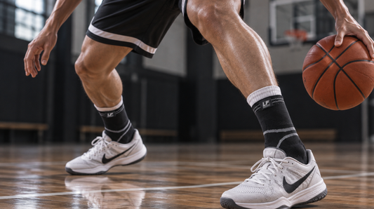 Basketball player landing from a rebound wearing an LP Support lace-up ankle brace