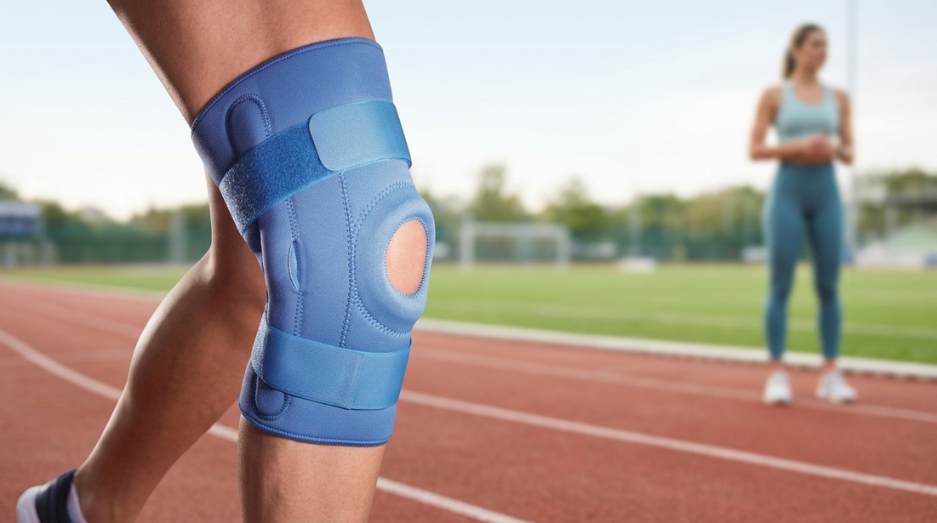 Lifter performing a squat while wearing an LP Support knee sleeve, with a patella strap shown alongside.