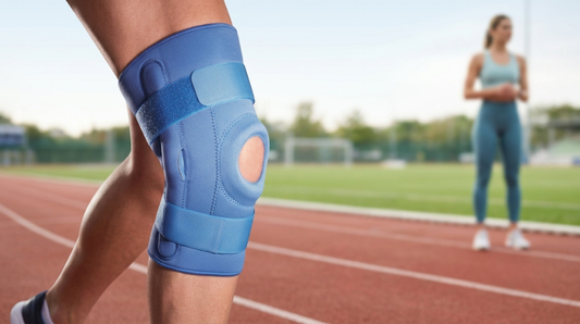 Lifter performing a squat while wearing an LP Support knee sleeve, with a patella strap shown alongside.